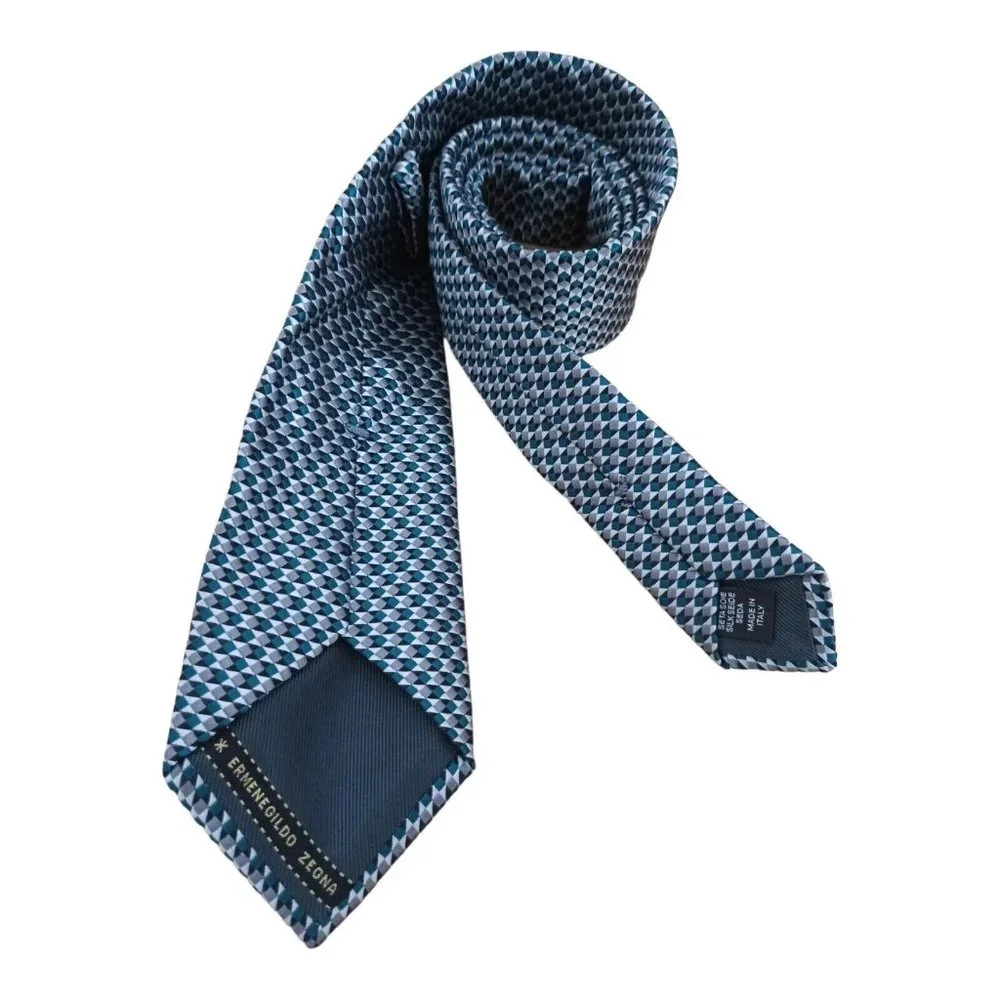 ERMENGILDO ZEGNA Silver Geometric Silk Tie ITALY 59